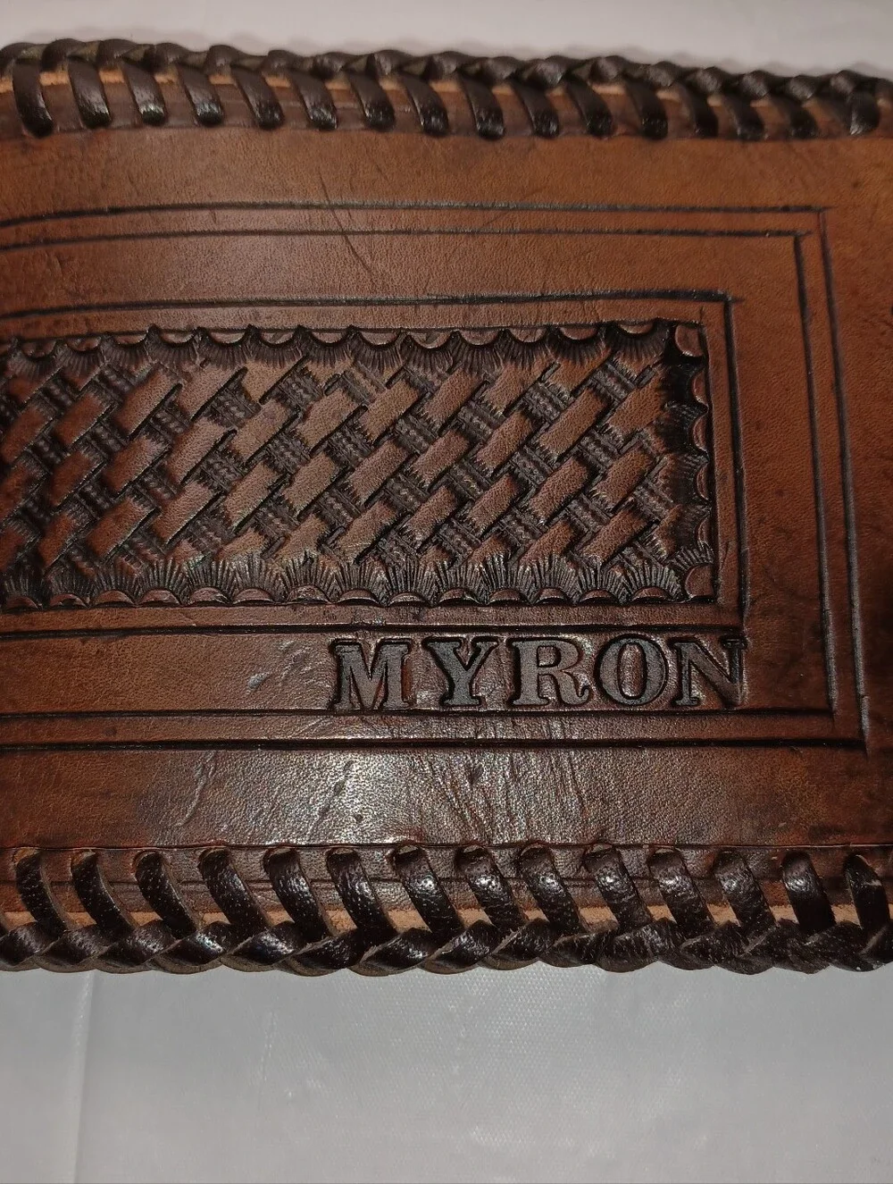 Brown Leather Men’s Wallet - Hand-Tooled Bifold.  MYRON  Embossed On Front